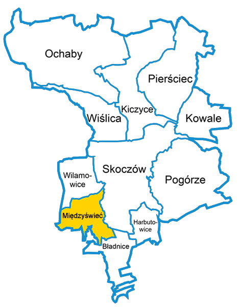 Międzyświeć – mapa i obszar obsługi Taxi Stela w gminie Skoczów